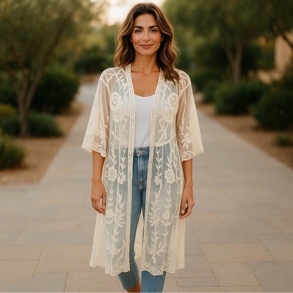 Lauren Conrad Women's Cream colored Embroidered Lace Kimono Cardigan One Size - Picture 1 of 4